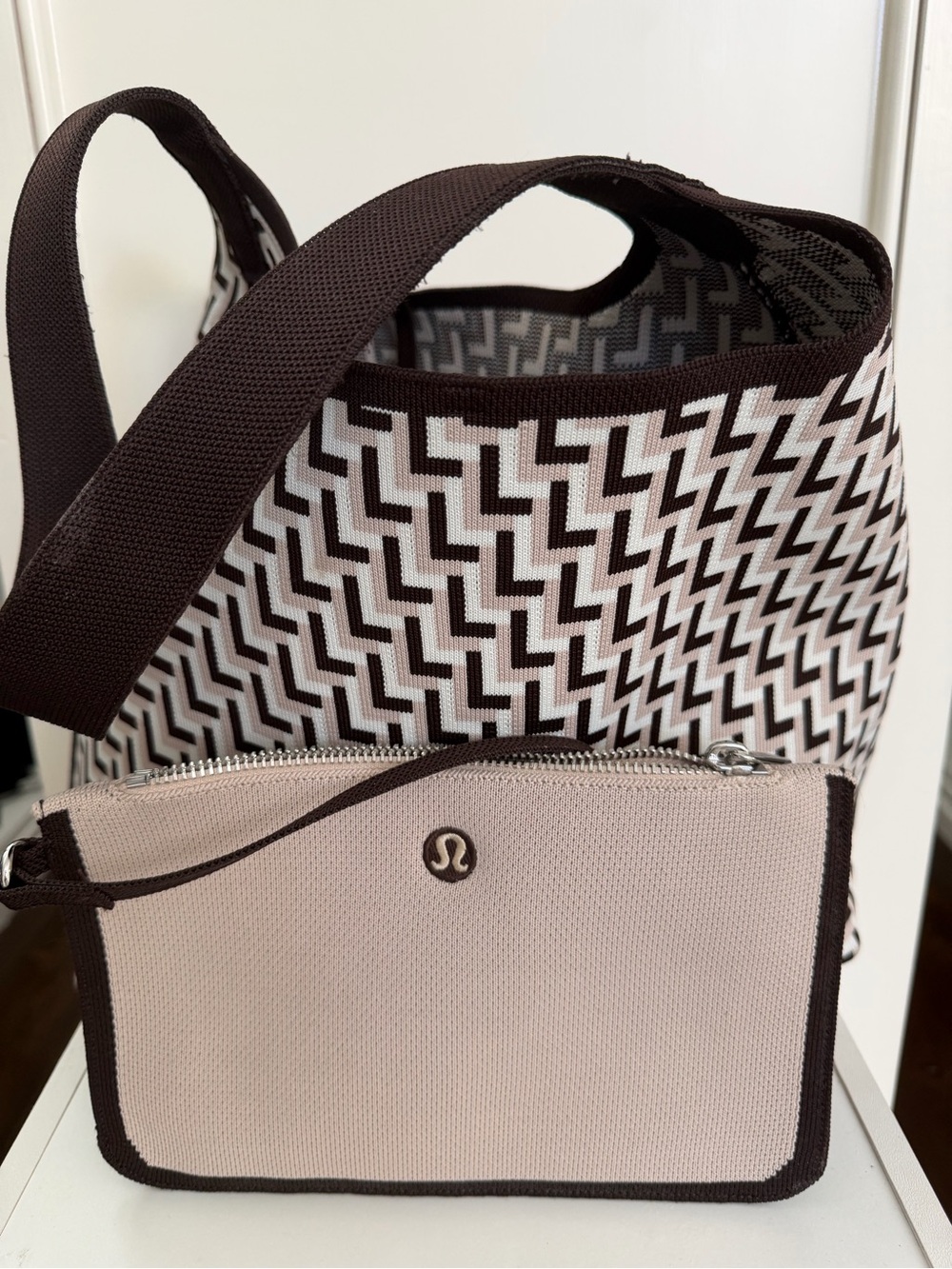 lululemon athletica Pink & Brown Knit Tote with Matching Zip Pouch